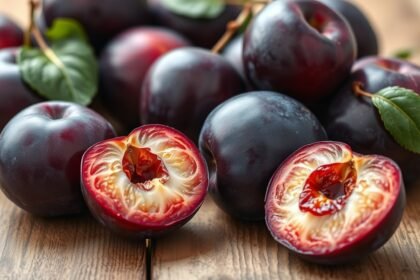 Friss szilvák és félbevágott szilva egy faasztalon.