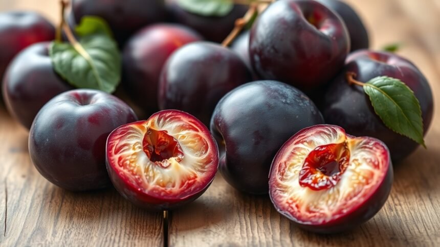 Friss szilvák és félbevágott szilva egy faasztalon.