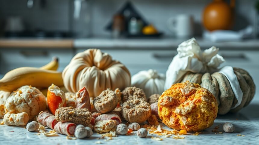 Megromlott ételek különböző példái, mint avas zsírok és olajok, konyhában