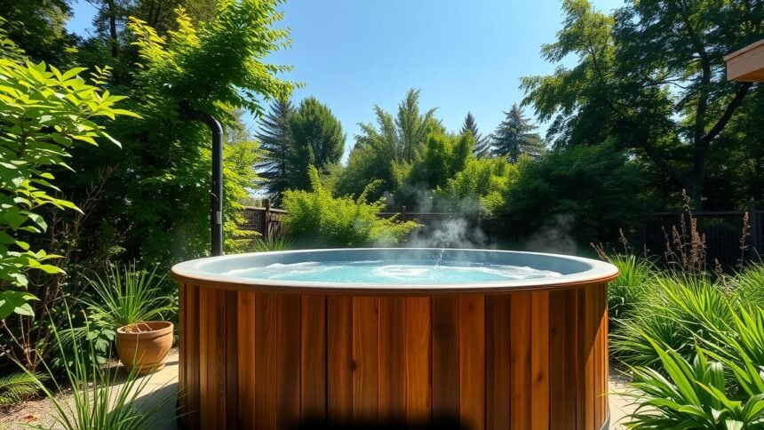 A gyönyörű dézsafürdő zöld környezetben, gőzölögve