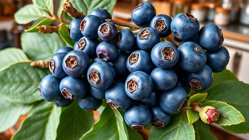 Szibériai mézbogyók közelről, friss levéllel.