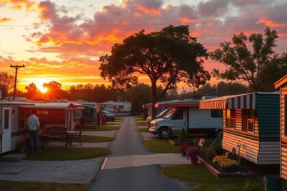 Amerikai lakókocsi park naplementében, közösségi életstílus bemutatása.