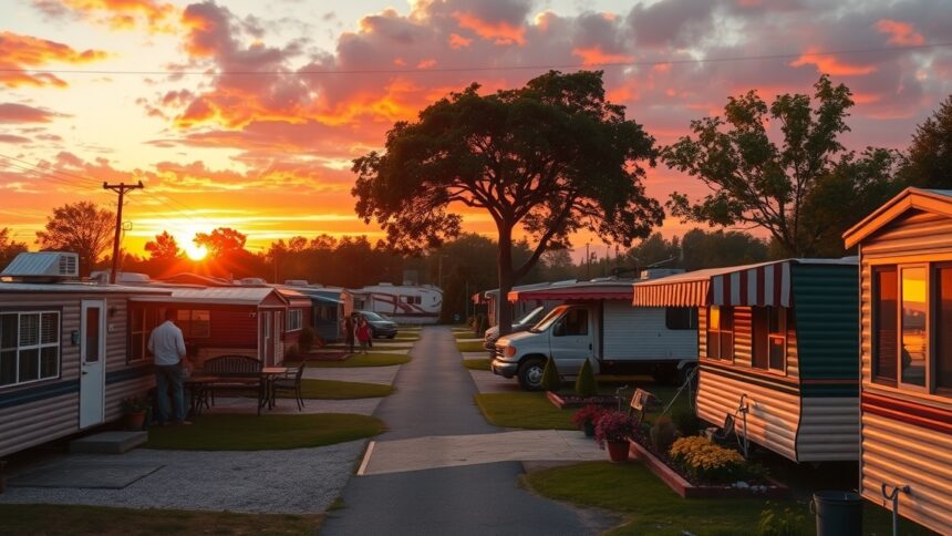 Amerikai lakókocsi park naplementében, közösségi életstílus bemutatása.