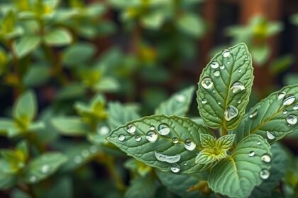 Friss mentollevél, vízcseppekkel a természetben.