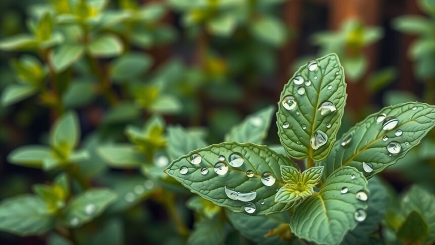 Friss mentollevél, vízcseppekkel a természetben.