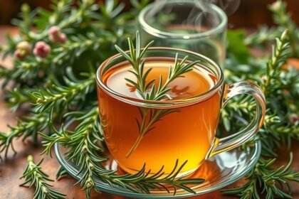 Friss rozmaringtea egy átlátszó pohárban, zöld rozmaring ággal díszítve.