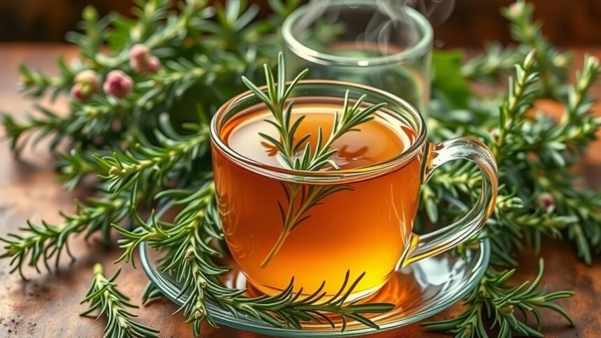Friss rozmaringtea egy átlátszó pohárban, zöld rozmaring ággal díszítve.