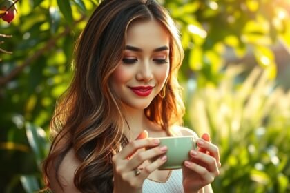 Nő zöld teát iszik, egészséges hajápoláshoz kapcsolódó környezetben