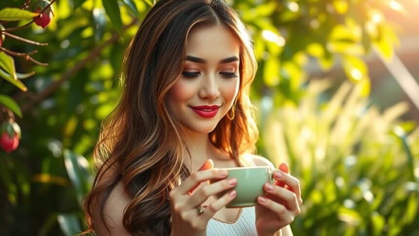 Nő zöld teát iszik, egészséges hajápoláshoz kapcsolódó környezetben