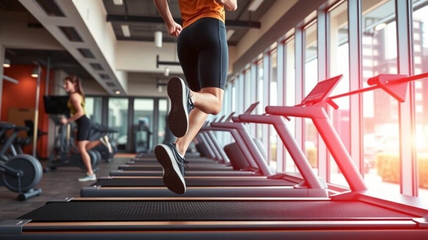 Futópadon edző ember a gymben, egészséges életmód