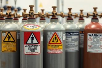 Oxigénpalackok figyelmeztető címkékkel ipari környezetben.
