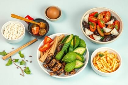 Egészséges ételek, felhasználva növényi alapanyagokat, mint a szója és zöldségek.