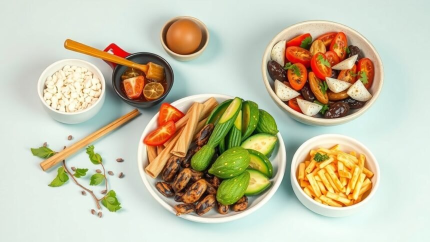 Egészséges ételek, felhasználva növényi alapanyagokat, mint a szója és zöldségek.