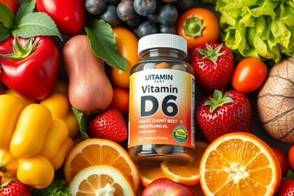 D6-vitamin kapszulák friss gyümölcsök és zöldségek között.