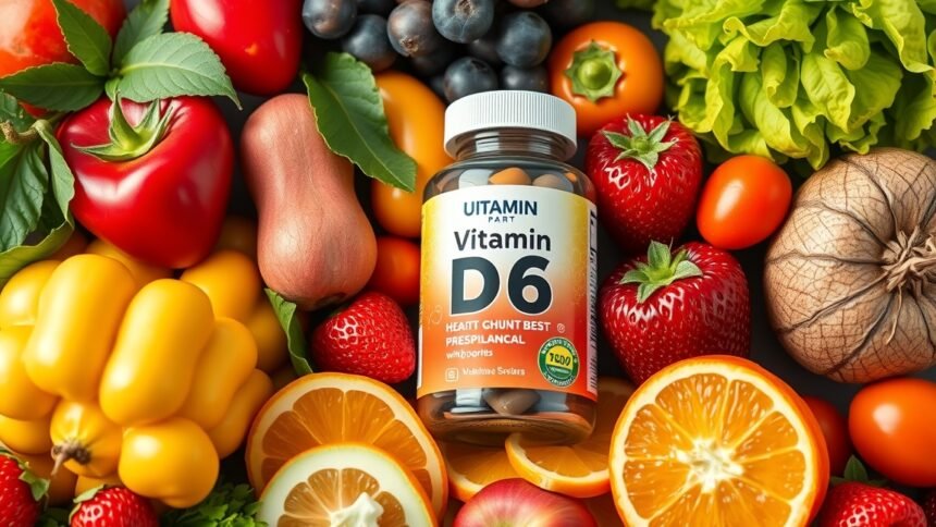 D6-vitamin kapszulák friss gyümölcsök és zöldségek között.