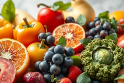 Friss gyümölcsök és zöldségek színes összessége, gazdag flavonoidokban.