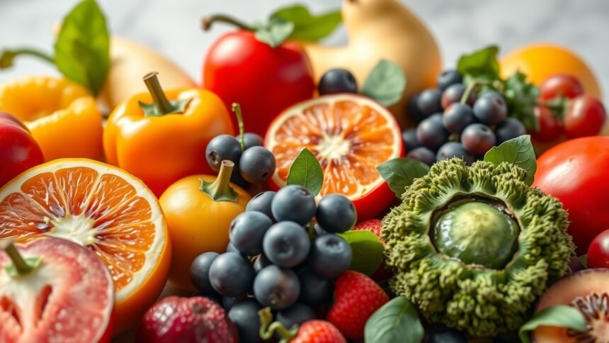 Friss gyümölcsök és zöldségek színes összessége, gazdag flavonoidokban.