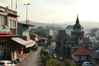 Panoráma egy városról Magyarországon, épületek és utcák láthatók.