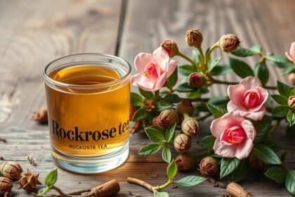 Bodorrózsa tea és virágok az asztalon.