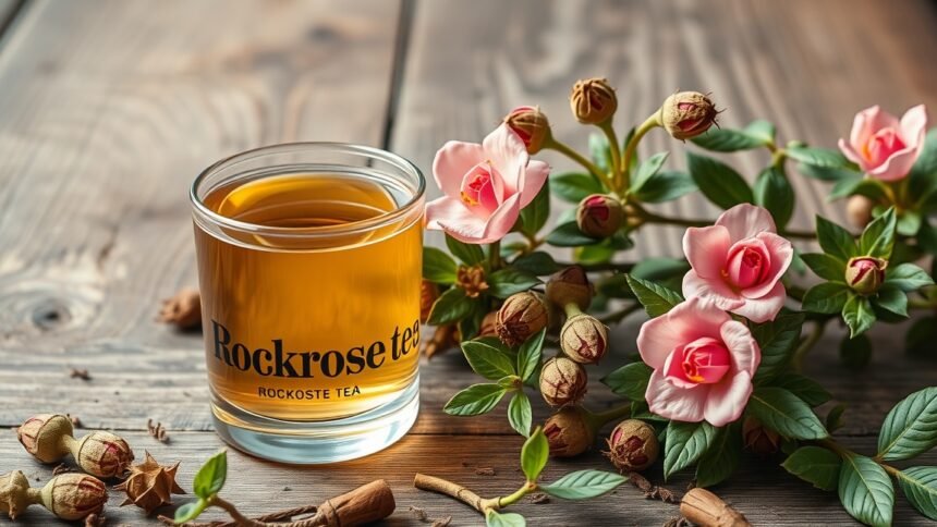 Bodorrózsa tea és virágok az asztalon.