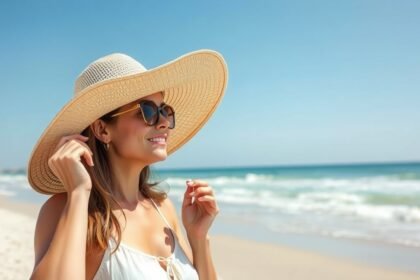 Nő napszemüvegben és kalapban a strandon, védve az UV-sugárzás ellen.