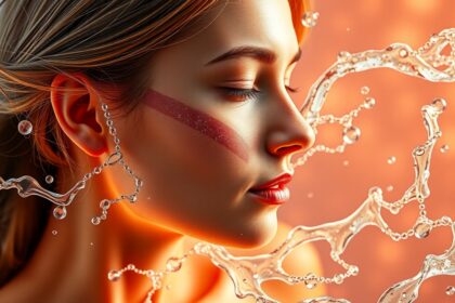 Fiatal nő arca és vízcseppek, nátrium-hialuronáttal az egészségért.