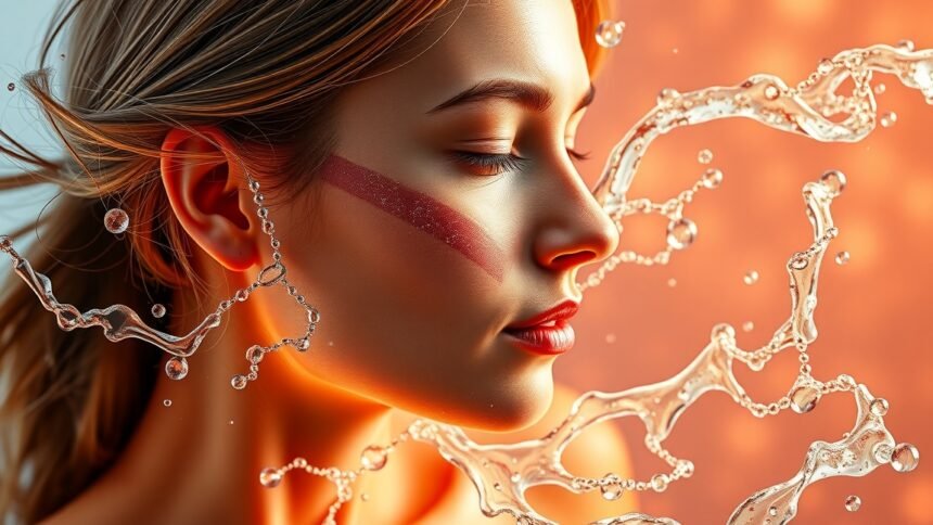 Fiatal nő arca és vízcseppek, nátrium-hialuronáttal az egészségért.