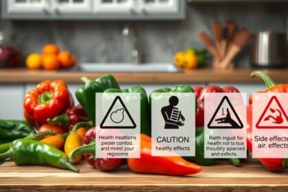 Csípős paprika különböző fajtái egy konyhapulton, figyelmeztető táblákkal az egészségügyi hatásokról.