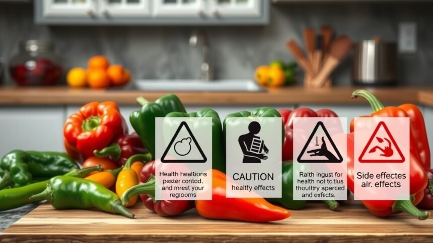 Csípős paprika különböző fajtái egy konyhapulton, figyelmeztető táblákkal az egészségügyi hatásokról.