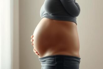 Terhes nő hasa, ami hangsúlyozza a progeszteron szerepét a terhesség alatt.