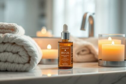 Bio-Oil vizes flakon, meleg világítású bőrápoló környezetben.