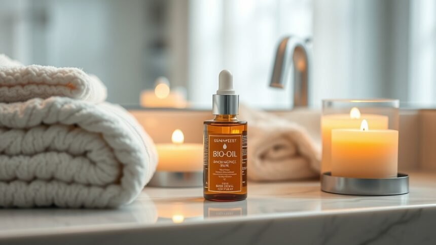 Bio-Oil vizes flakon, meleg világítású bőrápoló környezetben.