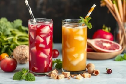 Két frissítő ital savanyú káposzta lével és zöldségekkel tálalva