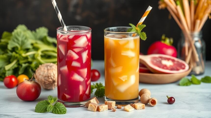 Két frissítő ital savanyú káposzta lével és zöldségekkel tálalva