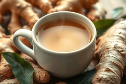 Friss gyömbértea egy fehér csészében, gyömbérgyökerekkel körülvéve.