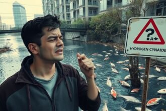 Ember a hidrogén-cianid figyelmeztető táblával egy vízi környezetben