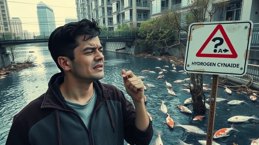 Ember a hidrogén-cianid figyelmeztető táblával egy vízi környezetben