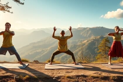 Három személy végez tibeti gyakorlatokat hegyvidéki környezetben