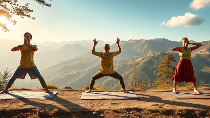 Három személy végez tibeti gyakorlatokat hegyvidéki környezetben