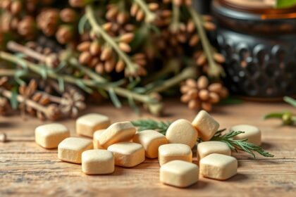 Tömjén tabletták és növényi összetevők egy fa asztalon