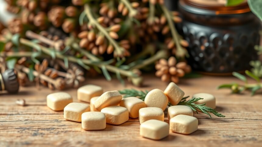 Tömjén tabletták és növényi összetevők egy fa asztalon