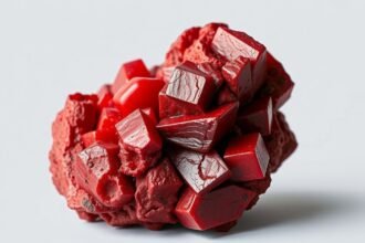 Cinnabarit ásvány, ragyogó vörös színű kristályokkal