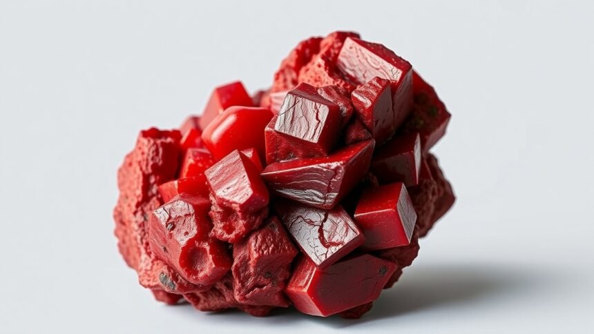 Cinnabarit ásvány, ragyogó vörös színű kristályokkal