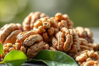 Friss diófélék zöld levelekkel, egészséges táplálkozásért.