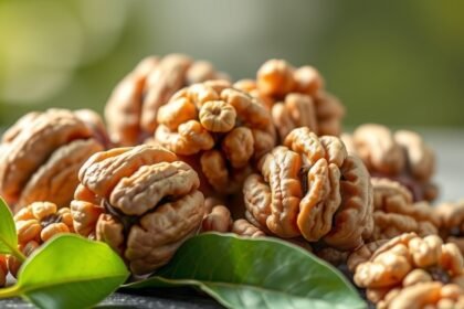 Friss diófélék zöld levelekkel, egészséges táplálkozásért.