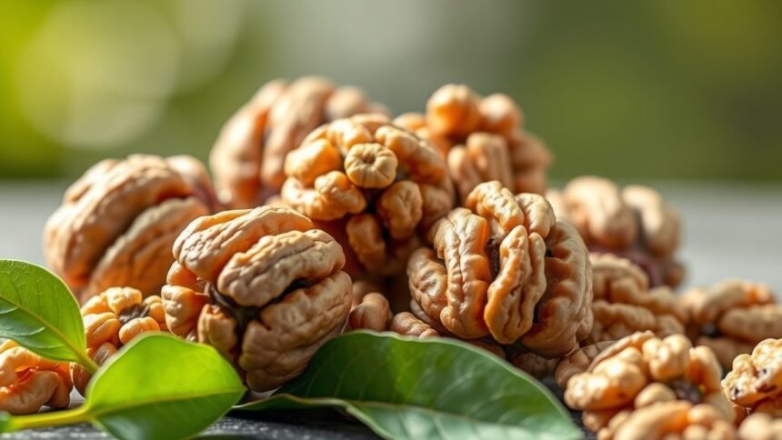 Friss diófélék zöld levelekkel, egészséges táplálkozásért.