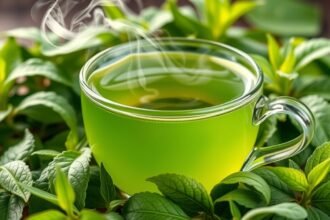 Friss, gőzölgő Jiaogulan tea zöld levelek között