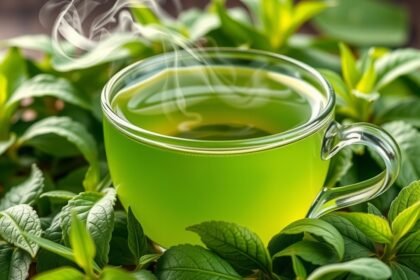 Friss, gőzölgő Jiaogulan tea zöld levelek között