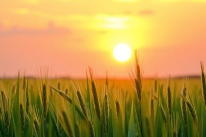 Naplemente árpafű mező felett, a természet szépsége