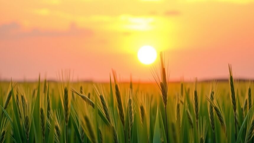 Naplemente árpafű mező felett, a természet szépsége